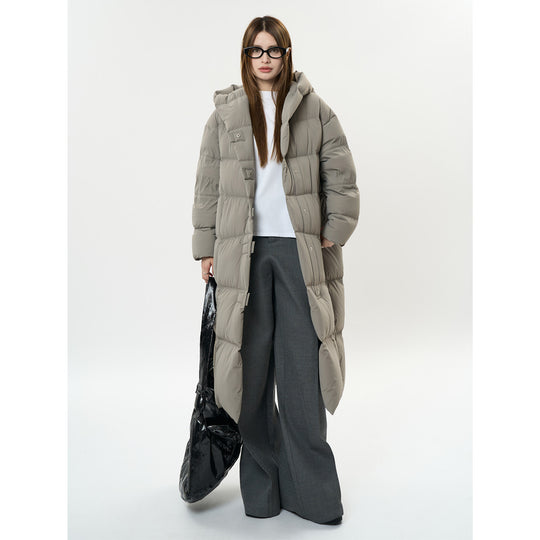 Damen Langer gesteppter Oversize-Puffer-Mantel mit Kapuze und Druckknopfleiste Shop Nory