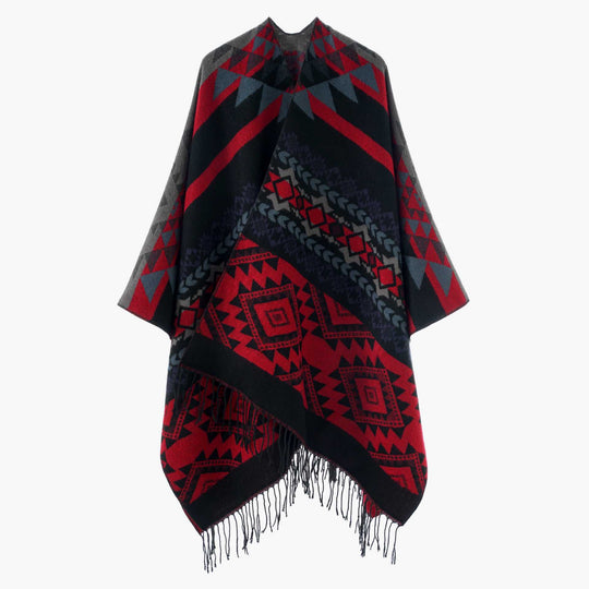 Damen Oversize Jacquard‑Cape im Ethno‑Jacquard mit Fransen Shop Nory