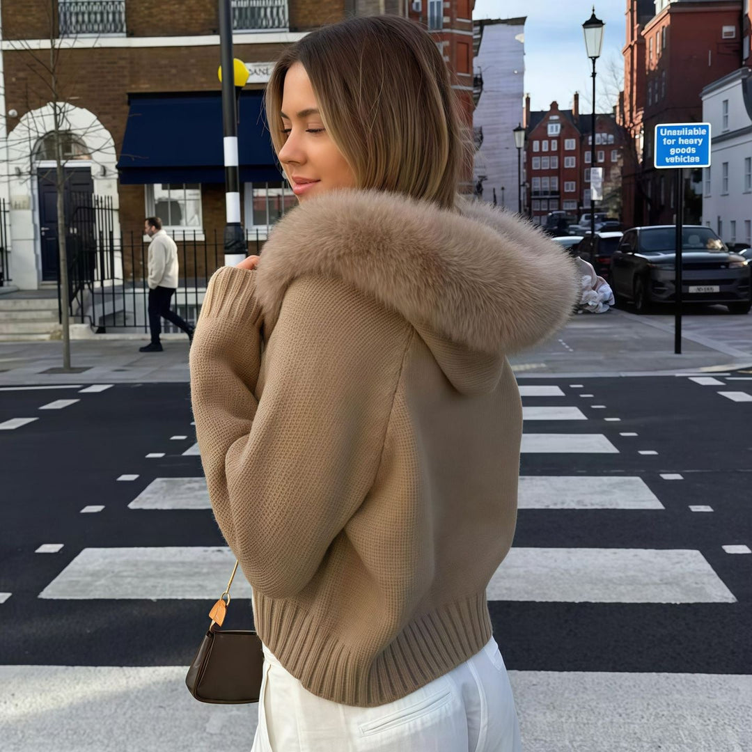 Damen Strickjacke mit Kunstfellkapuze Shopnory