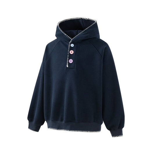 Damen Kapuzenpullover mit halber Knopfleiste, dekorativer Sattelnaht und Oversize-Schnitt Shop Nory
