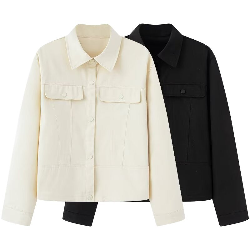 Damen Kurz geschnittene Boxy-Overshirtjacke aus veganer Lederoptik mit Pattentaschen und Druckknopfverschluss Shop Nory