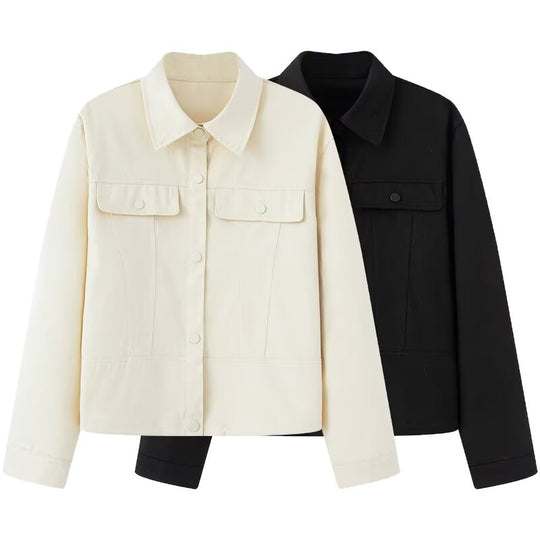 Damen Kurz geschnittene Boxy-Overshirtjacke aus veganer Lederoptik mit Pattentaschen und Druckknopfverschluss Shop Nory