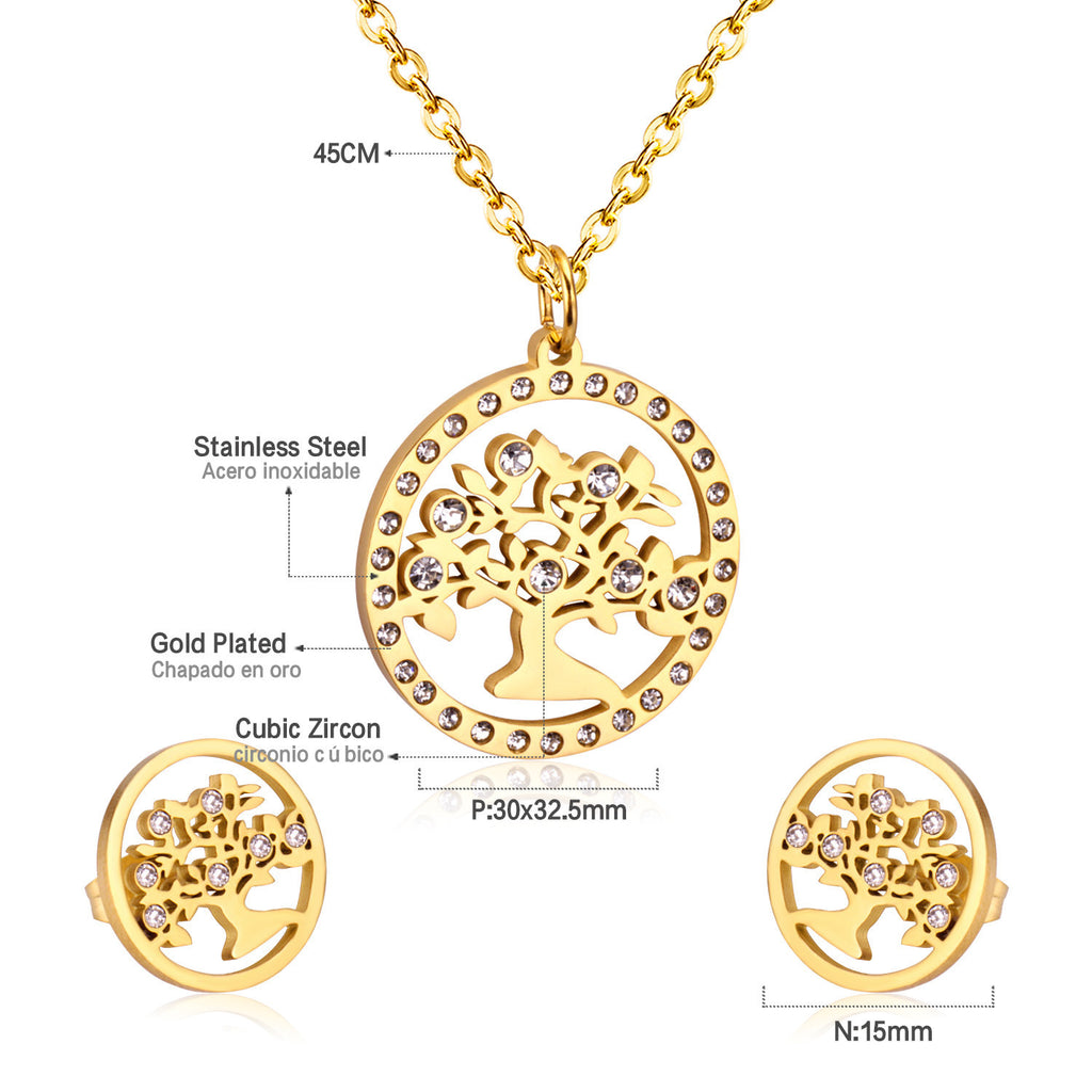 Damen Schmuckset mit Baum-Anhängern aus hochwertigem Edelstahl und goldplattiertem Design Shop Nory