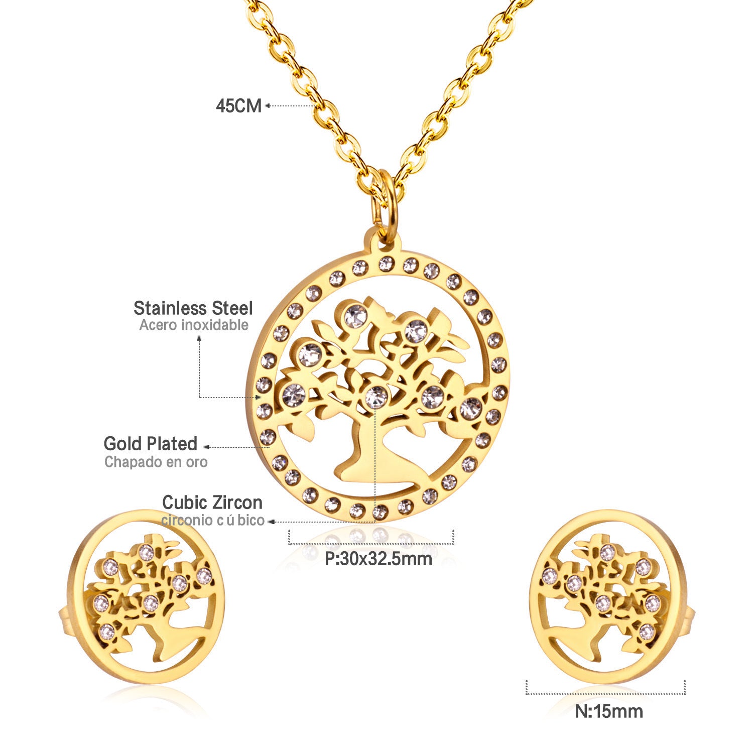 Damen Schmuckset mit Baum-Anhängern aus hochwertigem Edelstahl und goldplattiertem Design Shop Nory