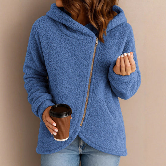 Damen Teddy-Fleecejacke mit asymmetrischem Reißverschluss, Kapuze und gewelltem Saum Shop Nory