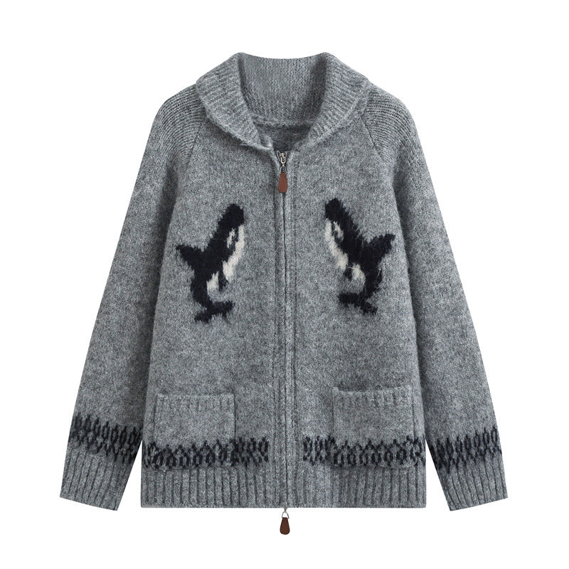 Damen Strickjacke mit Reißverschluss, Schalkragen und Wal‑Intarsien Shop Nory