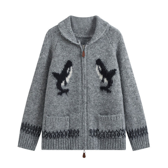 Damen Strickjacke mit Reißverschluss, Schalkragen und Wal‑Intarsien Shop Nory