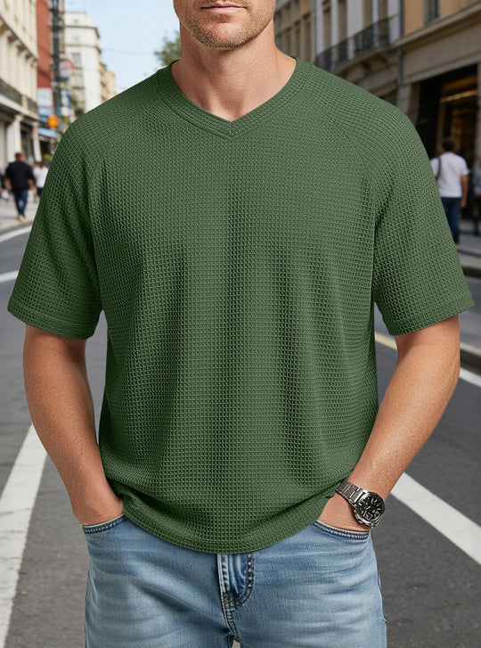 Herren nan lässiges V-Ausschnitt Waffelstrick-T-Shirt aus atmungsaktivem Baumwollmix