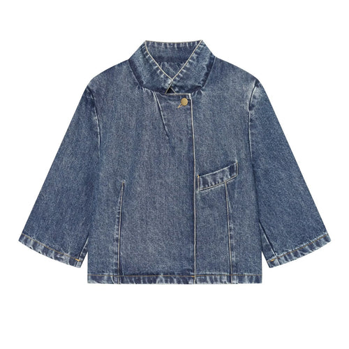 Damen Boxy Cropped Jeansjacke mit Stehkragen und dreiviertel Ärmeln Shop Nory