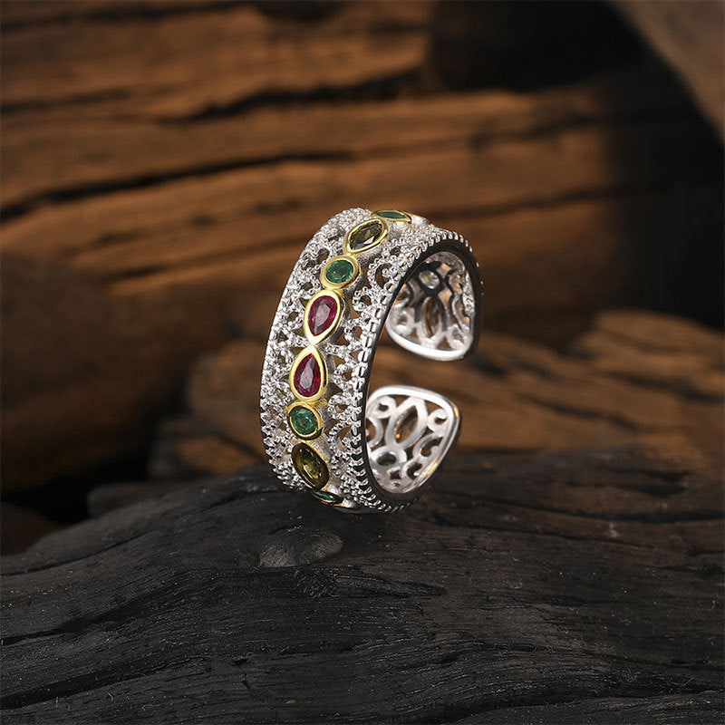 Damen Offener Ring mit bunten Edelsteinen und filigranem Design Shop Nory