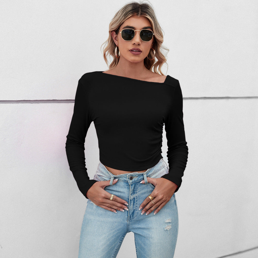 Damen figurbetontes geripptes Langarm-Cropped-Top mit asymmetrischer Schulterlinie und taillierter Stretch-Passform Shop Nory