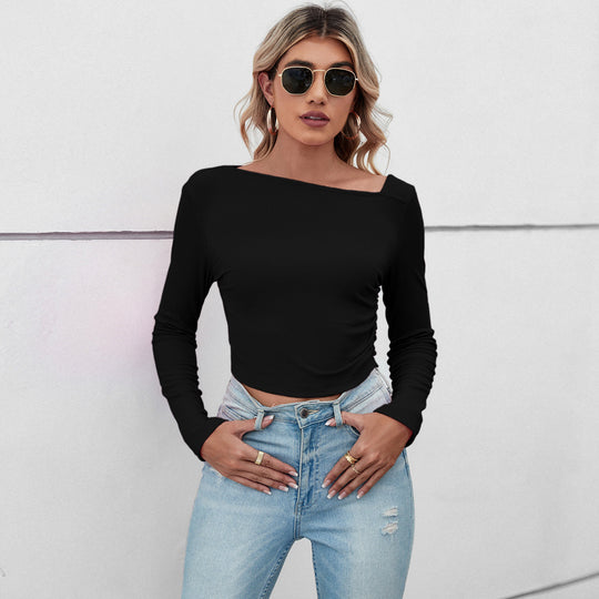 Damen figurbetontes geripptes Langarm-Cropped-Top mit asymmetrischer Schulterlinie und taillierter Stretch-Passform Shop Nory