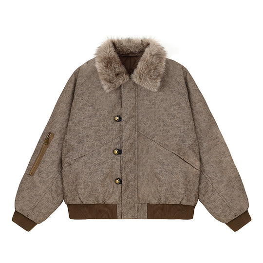Damen wattierte Bomberjacke mit Kunstfellkragen, oversizeder Silhouette und Ärmel-Reißverschlusstasche Shop Nory