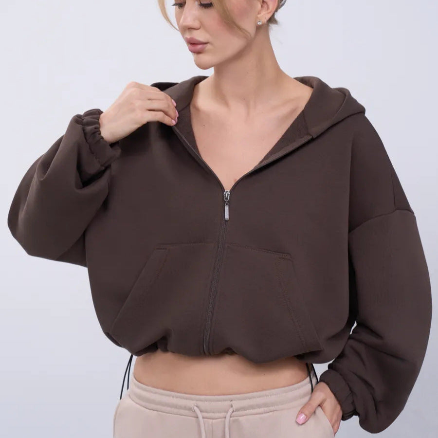 Damen legeres Cropped-Fleece-Hoodie mit Tunnelzugbund, Raglanärmeln und Reißverschluss Shop Nory