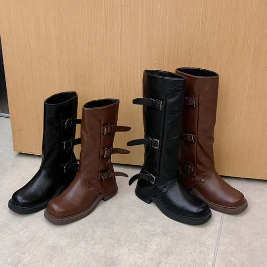 Damen Wadenhohe Stiefel mit dreifacher Gürtelschnalle und profilierter Plateausohle Shop Nory