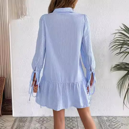 Damen Lockeres Hemdkleid mit Feinen Streifen, Volantsaum und Manschetten Shop Nory
