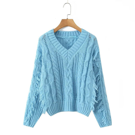 Damen Grobgestrickter V‑Ausschnitt‑Pullover mit Zopfmuster und Fransen Shop Nory