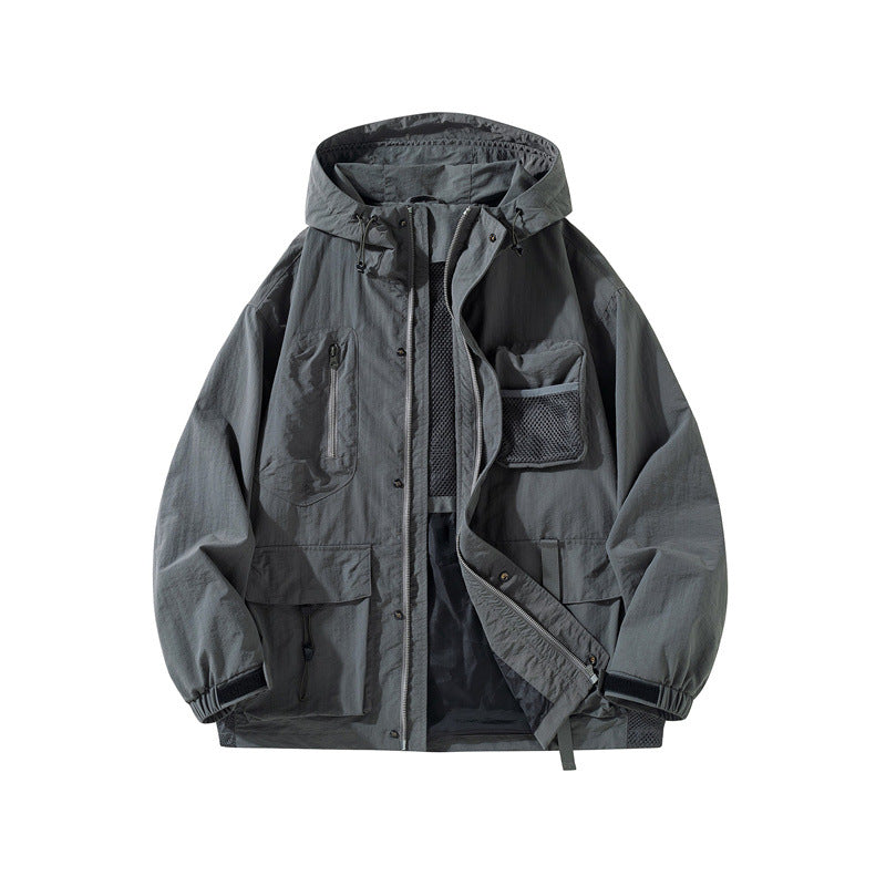Herren Technische Utility-Outdoorjacke mit Kapuze Multifunktionstaschen und Mesh-Innenfutter Shop Nory