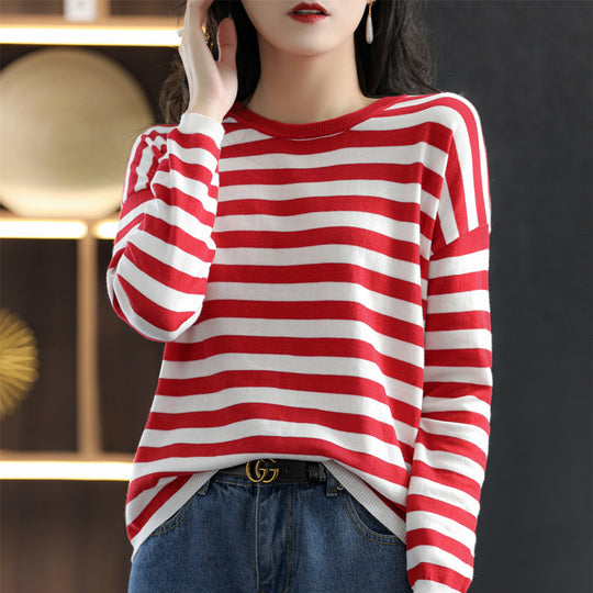 Damen Maritim-inspiriertes gestreiftes Feinstrick-Shirt mit weitem Boot-Ausschnitt und Kontrastkante Shop Nory