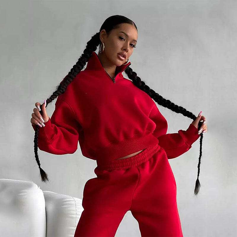 Damen Zweiteiliges Cropped-Halbzip-Sweatset mit Stehkragen und elastischer High-Waist-Jogginghose Shop Nory