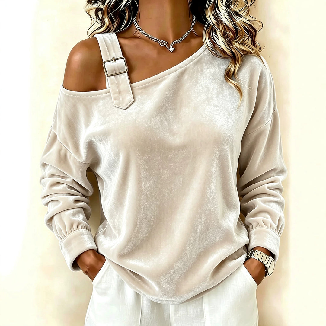 Damen Samt-Sweatshirt mit asymmetrischem Carmen-Ausschnitt und Zierschnalle Shop Nory