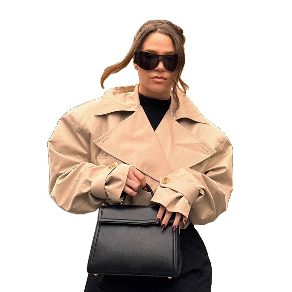 Damen Kurze Doppelreihige Trenchjacke mit Taillengürtel und weitem Revers Shop Nory