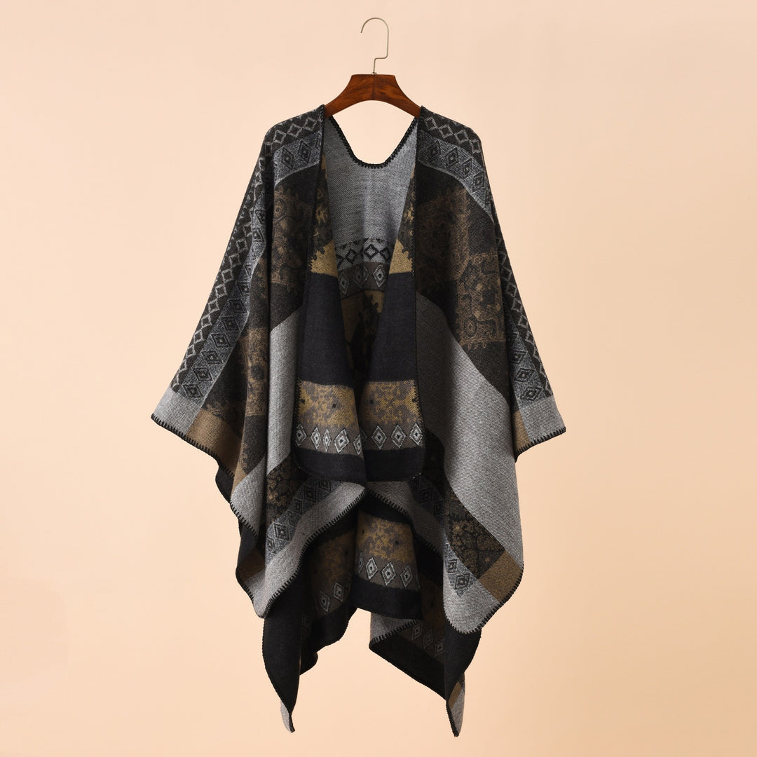 Damen Jacquard-Poncho im Deckenstil mit offener Front und Zierstich Shop Nory