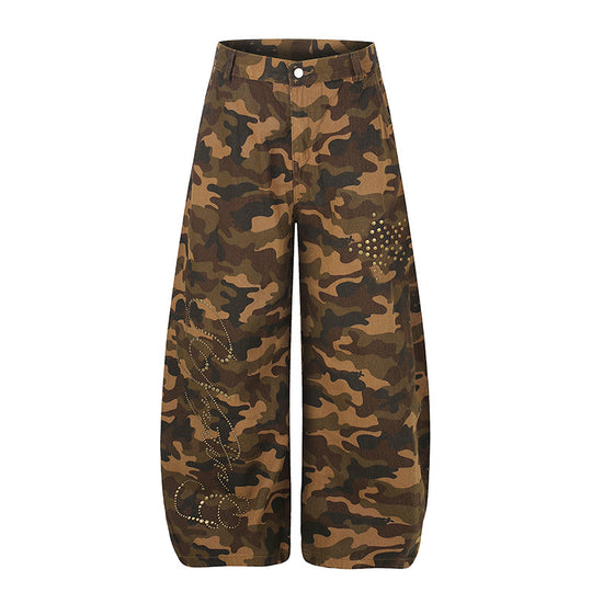 Damen Weite Camouflage-Palazzo-Hose mit Balloon-Saum und Nietenbesatz Shop Nory