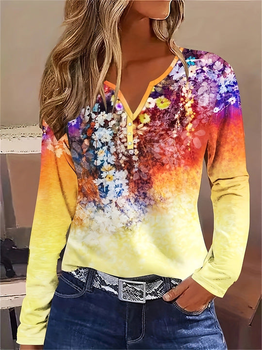 Damen Blütenmuster Langarmshirt mit Knopfleiste