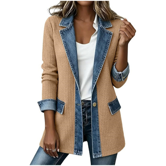 Damen Strickblazer mit Jeansbesatz und Reverskragen Shop Nory