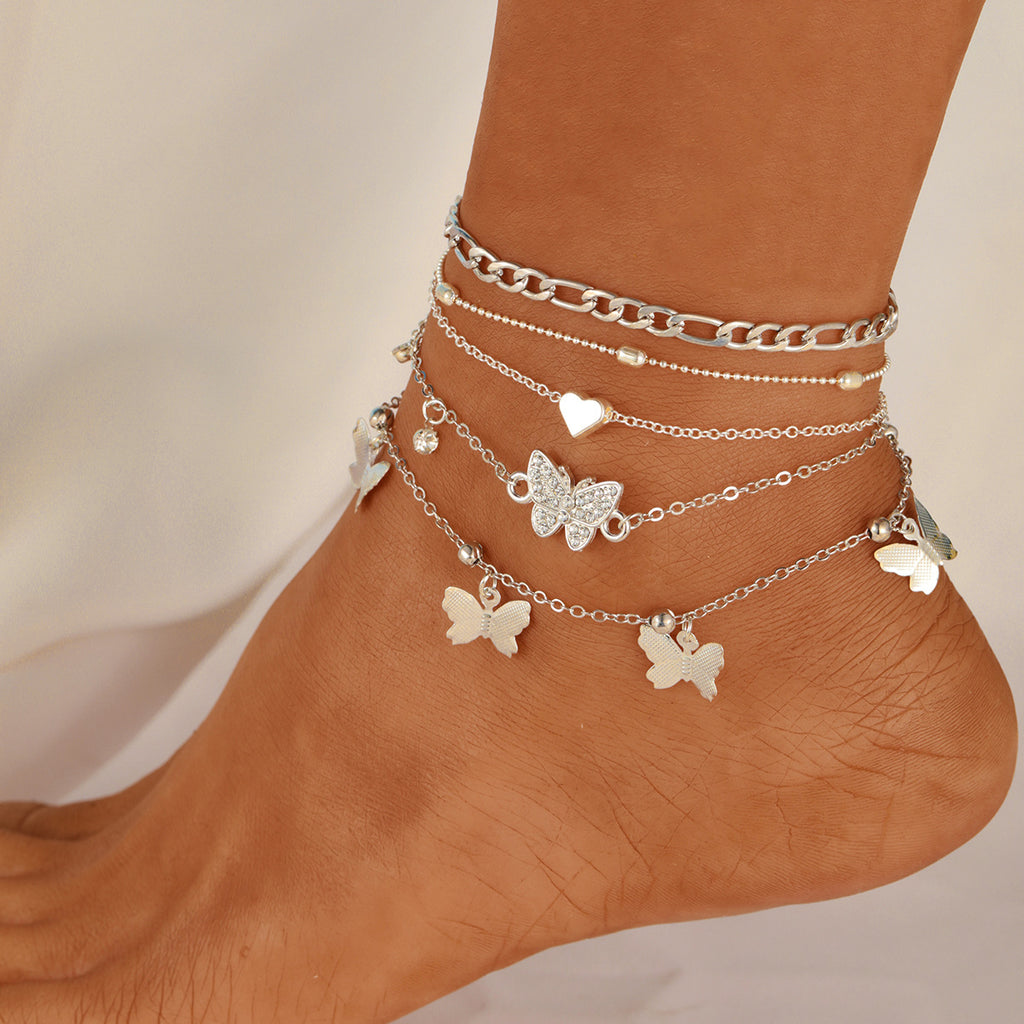 Damen Fußkettchen mit filigranen Schmetterlings- und Herzanhängern Shop Nory