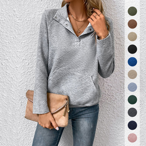 Damen Stepp-Sweatshirt mit Klappkragen, Druckknopf-Detail und Kängurutasche Shop Nory