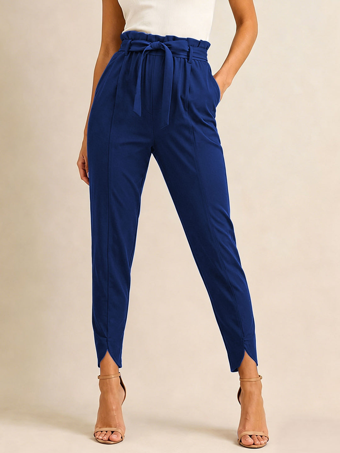 Damen hoch taillierte Paperbag-Hose mit Bindegürtel und geschlitztem Knöchelabschluss Shop Nory