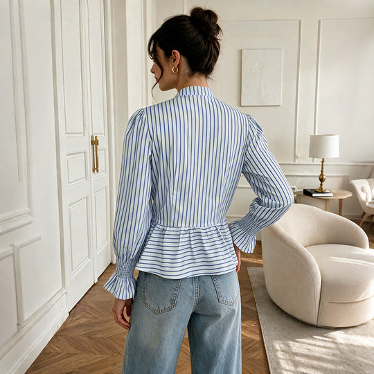 Damen Gestreifte Bluse mit Stehkragen, chinesischem Knebelverschluss und Schößchen Shop Nory