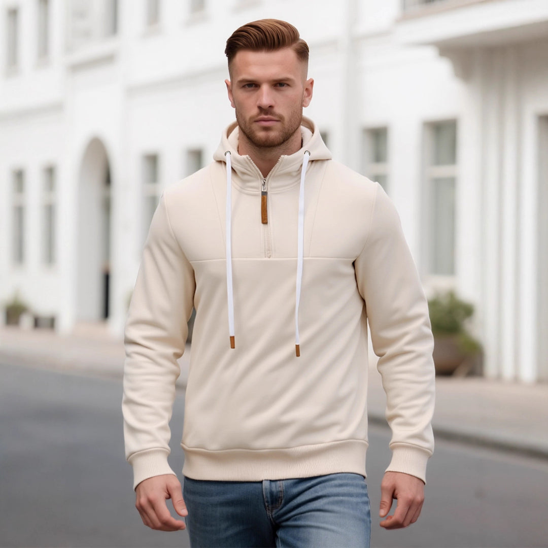 Herren Halbzip-Kapuzenpullover mit Stehkragen, Kordelzug und Lederdetails Shop Nory