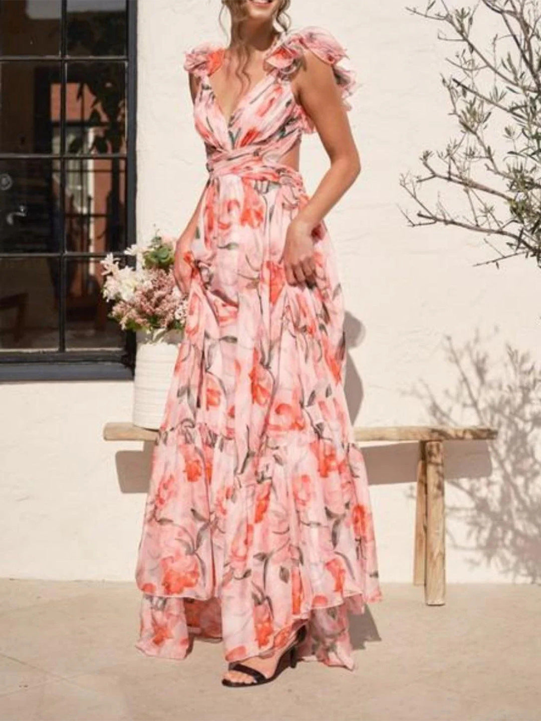Damen Maxikleid mit luftigen Rüschendetails und ausgefallenem Wickeldesign