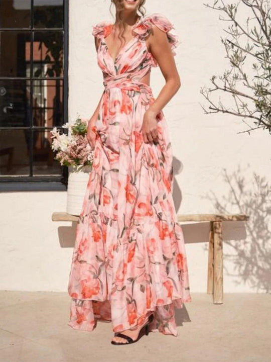 Damen Maxikleid mit luftigen Rüschendetails und ausgefallenem Wickeldesign