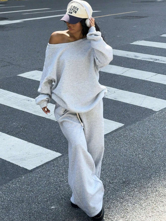 Damen Oversize Off-Shoulder Lounge-Set mit weitem Sweater und Palazzo-Jogger Shop Nory