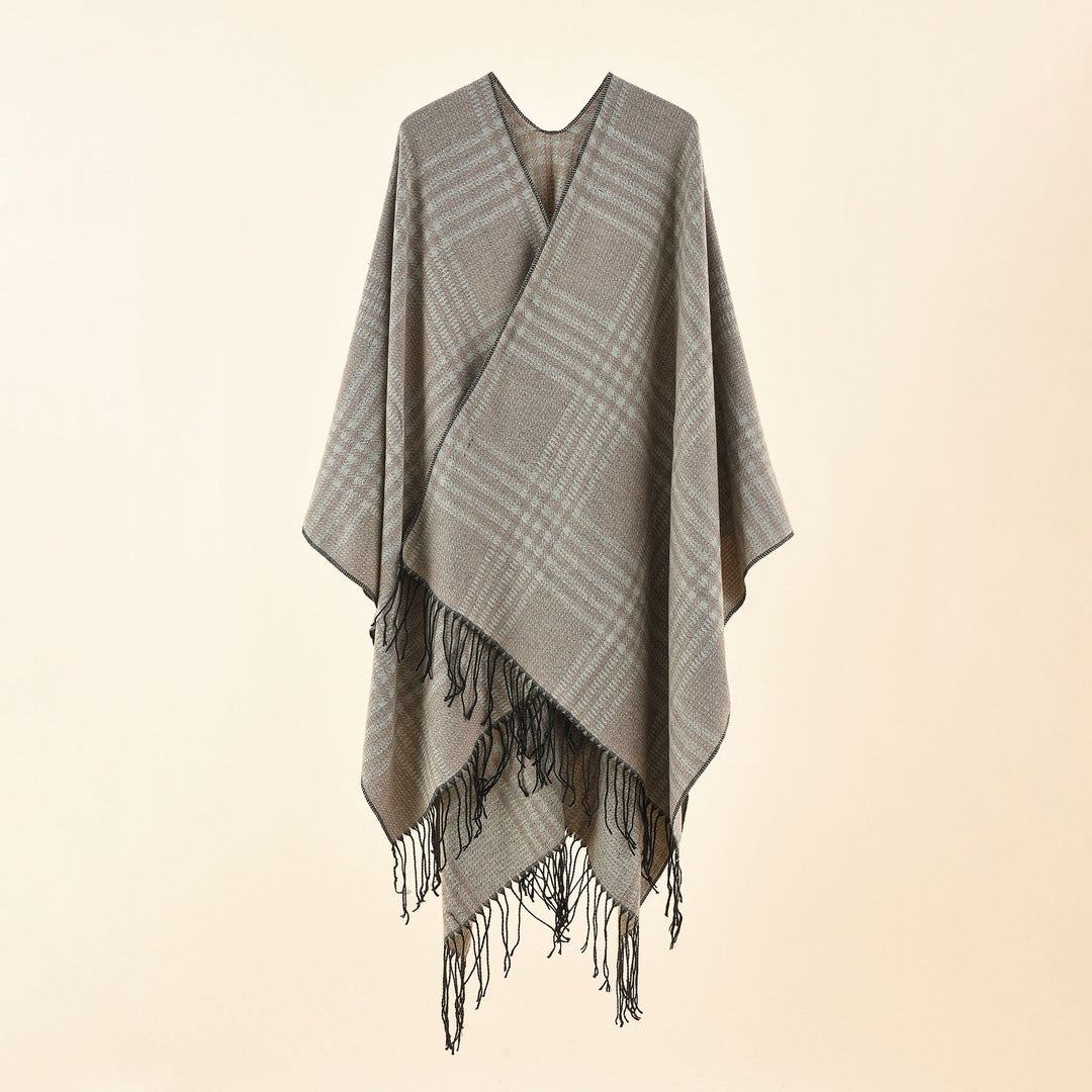 Damen Ruana-Poncho mit V‑Ausschnitt, kastigem Kimono-Fall und Fransensaum Shop Nory
