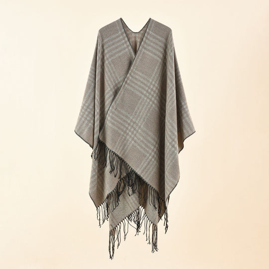 Damen Ruana-Poncho mit V‑Ausschnitt, kastigem Kimono-Fall und Fransensaum Shop Nory