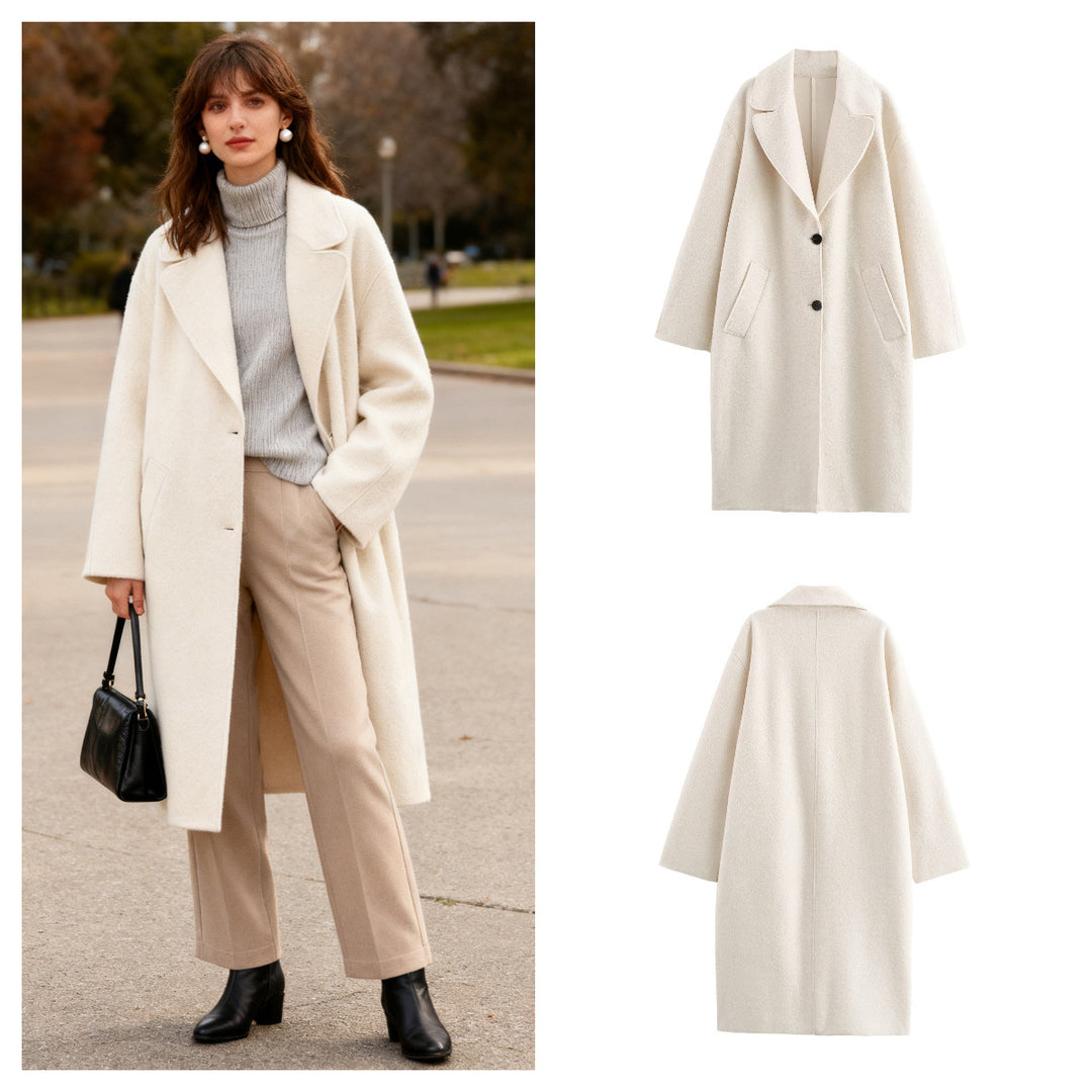 Damen Oversize Einreihiger Walkmantel mit breitem Revers und aufgesetzten Taschen Shop Nory