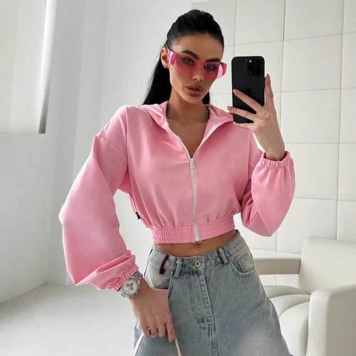 Damen Kurzgeschnittene Kapuzenjacke mit Reißverschluss, elastischem Bund und legerer Passform Shop Nory