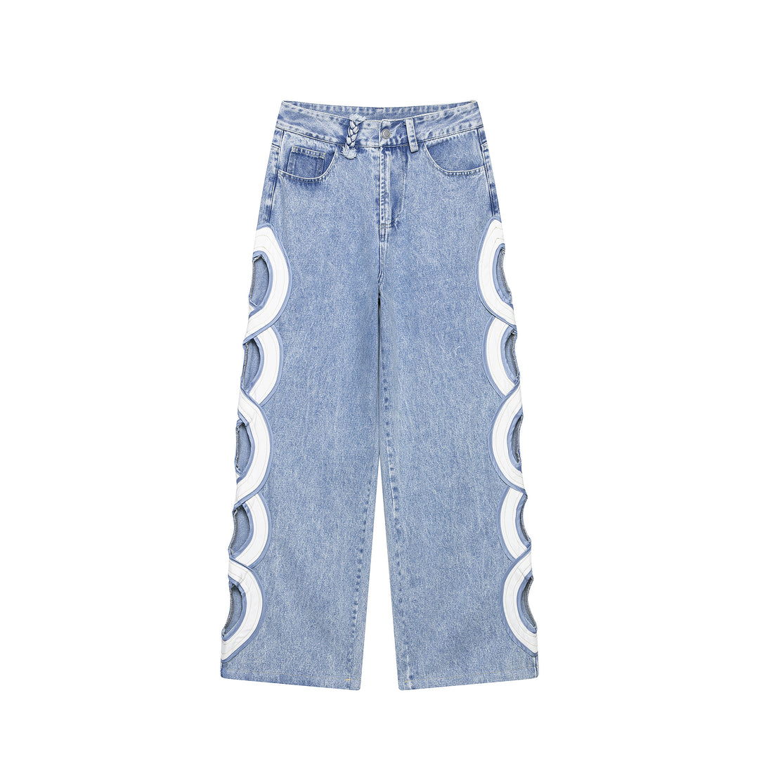 Damen Weite High Waist Jeans mit seitlichen Rundcutouts und Zierborte Shop Nory