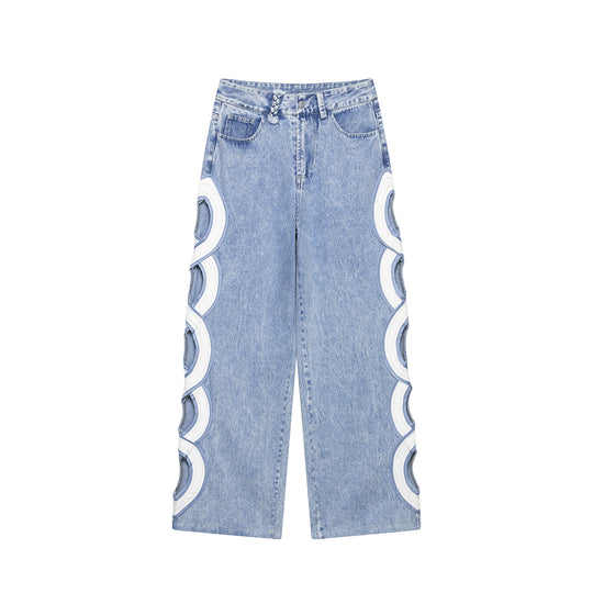 Damen Weite High Waist Jeans mit seitlichen Rundcutouts und Zierborte Shop Nory
