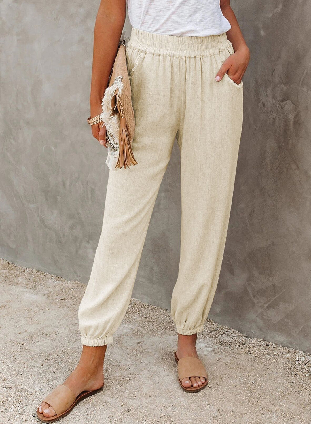 Damen lässige Leinen-Hose mit elastischem Bund und Gummizug