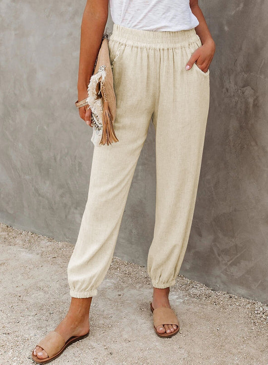 Damen lässige Leinen-Hose mit elastischem Bund und Gummizug