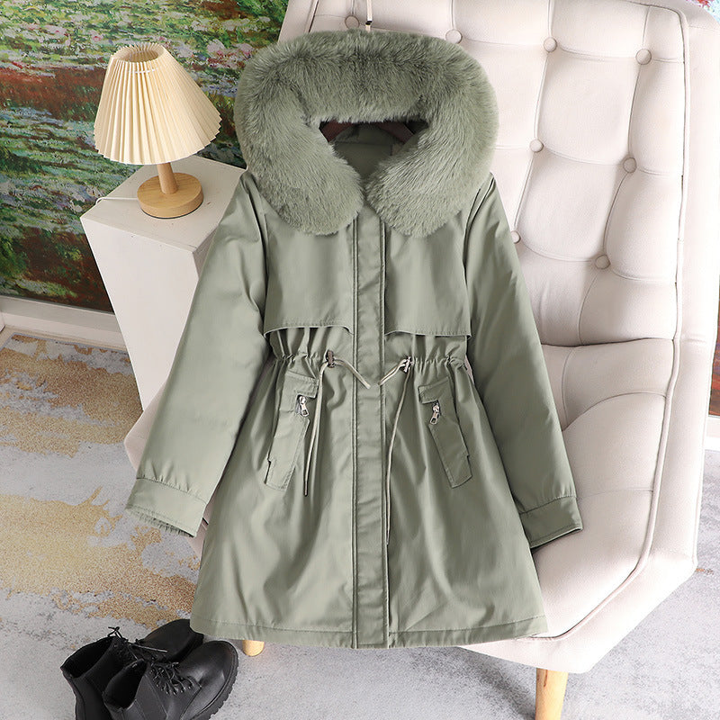 Damen nan mittellanger wasserabweisender Parka mit voluminösem Kunstfellkragen, Taillenzug und multifunktionalen Pattentaschen Shop Nory