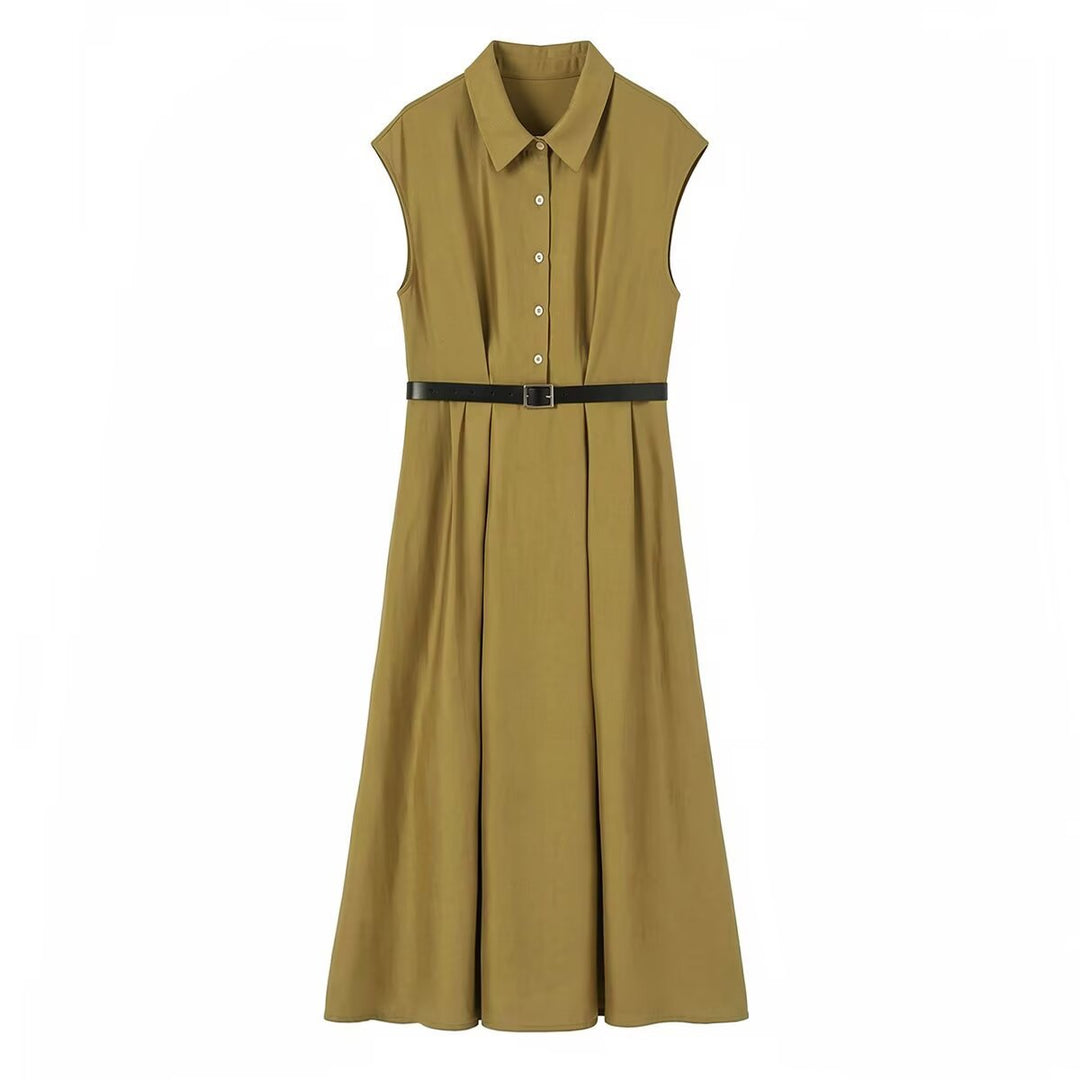 Damen Ärmelloses Hemdblusenkleid mit Taillenfalten und Gürtel Shop Nory