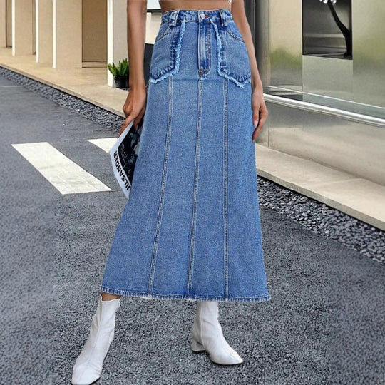 Damen Hochtaillierter Jeans‑Midirock mit vertikalen Nahtpaneelen und aufgesetzten Rundtaschen Shop Nory