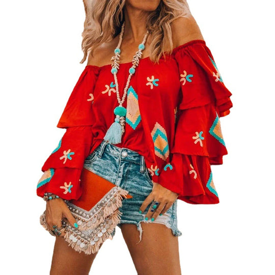 Damen Boho-Top mit Carmenausschnitt, gestuften Volantärmeln und aufwendiger Stickerei Shop Nory